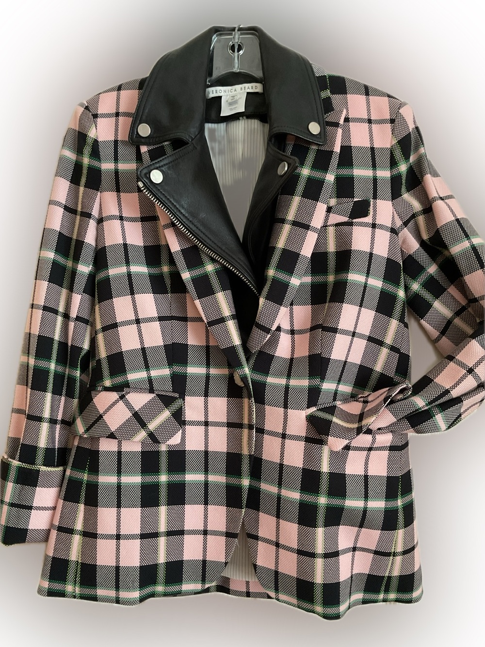 Veronica Beard Pink Black Plaid Dickey Blazer Jacket with Silver Buttons Size 6